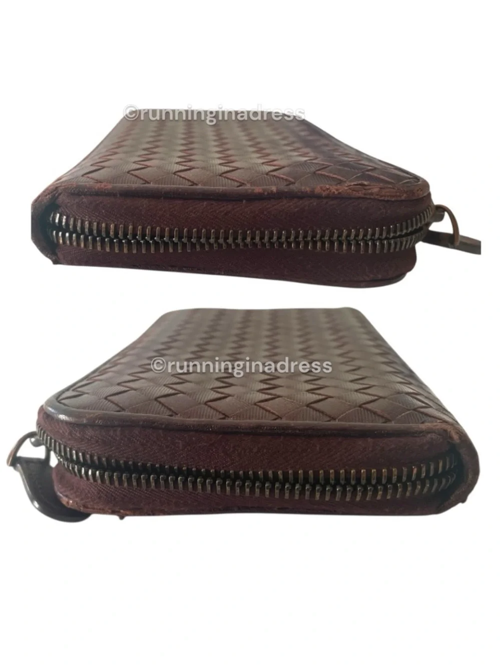 Bottega Veneta Intrecciato Leather Long Zip Around Wallet Metallic Copper Brown